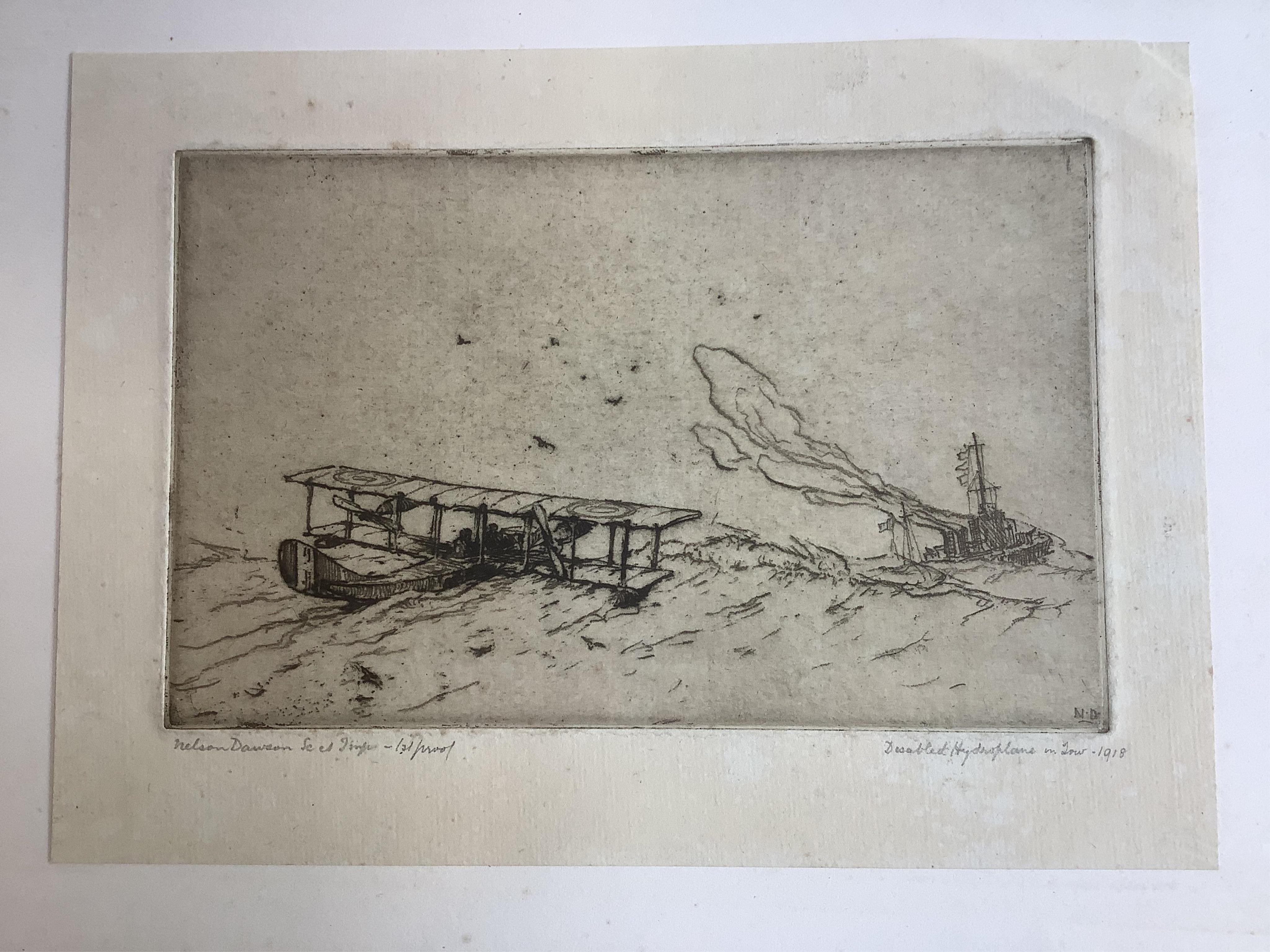 Nelson Dawson (1859-1941), three etchings, ‘Disabled Hydroplane in Tow, 1918’, and two studies of dirigibles over the sea, one signed in pencil and inscribed 1st proof, 13 x 20cm, 18 x 23cm & 18 x 24cm, all unframed. Con